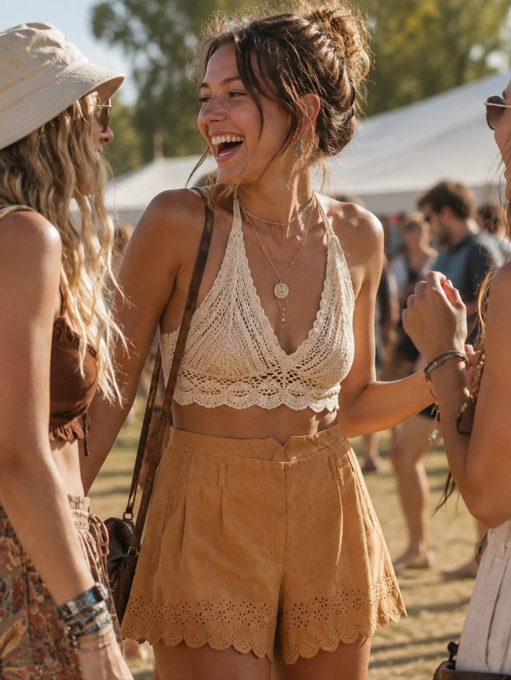 High-Waist Scalloped Hem Shorts in Tan With Yellow Hue